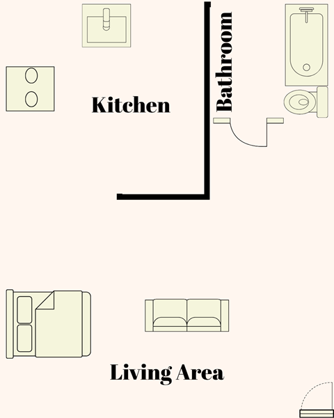A diagram shows a floor plan of a kitchen and bathroom connected to a living area.